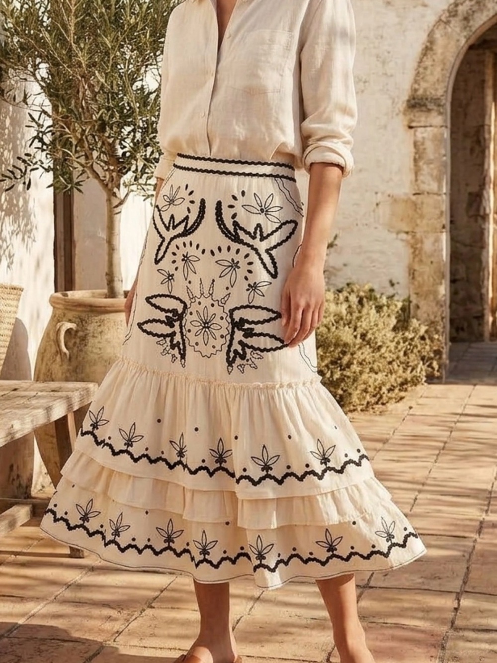 Anthropologie Cream Midi Skirt with Black Embroidered Motifs